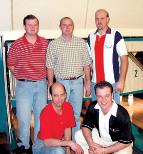 The ‘Dreyfus Five’ Team winners of the scratch division in the Men’s City Bowling Tournament. (l-r) Back row: Scott Shimer, Jeff Shimer, Brent Shimer. Kneeling: Steve Vining and Jeff Dreyfus.